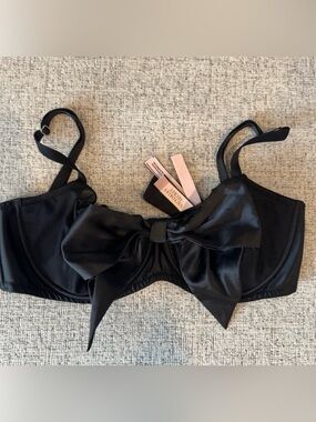 Victoria's Secret Black Satin Bow Underwire Bra/Bikini Top, 34DD